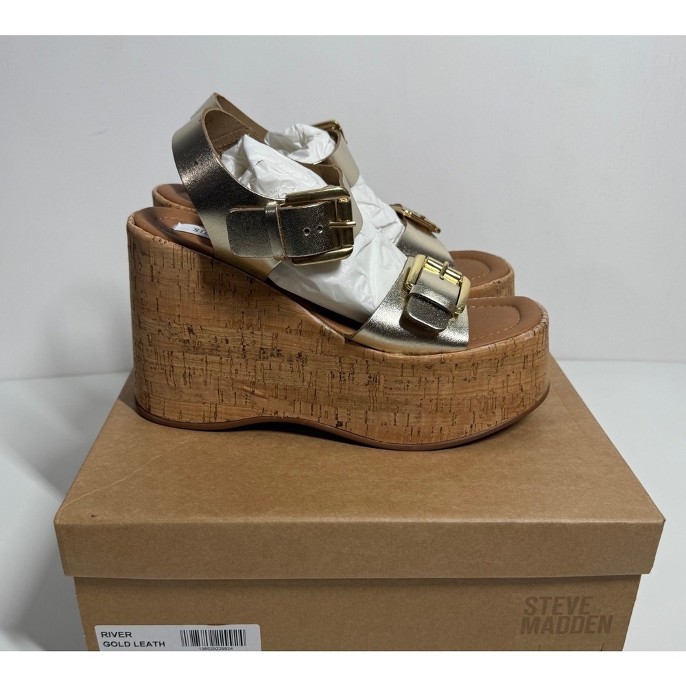 Steve Madden River Platform Wedge Sandal Size 9 Gold Leather Buckle Ankle Strap